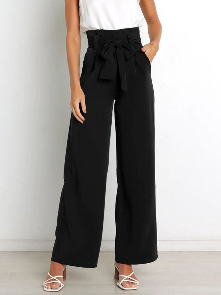 Belt Waist Elastic Wide Leg Black Long Pants - Busy Bee Bazaar