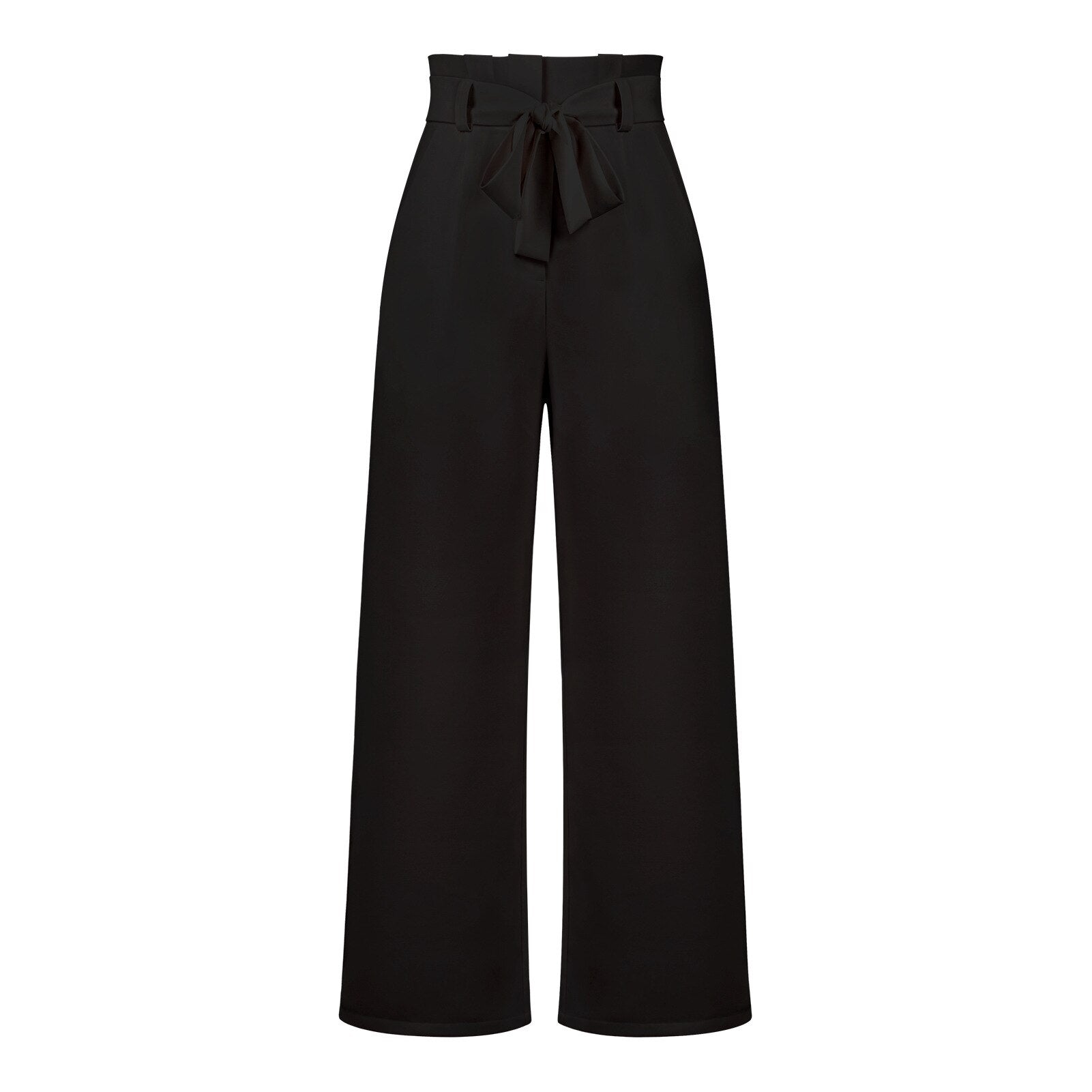 Belt Waist Elastic Wide Leg Black Long Pants - Busy Bee Bazaar