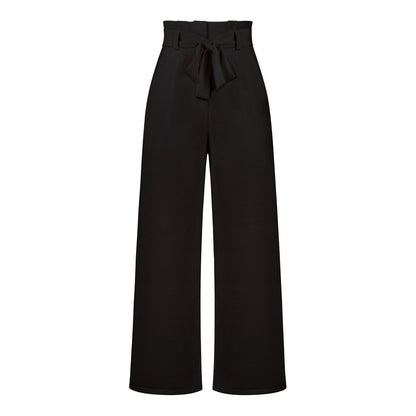 Belt Waist Elastic Wide Leg Black Long Pants - Busy Bee Bazaar