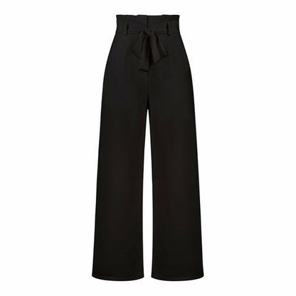 Belt Waist Elastic Wide Leg Black Long Pants - Busy Bee Bazaar