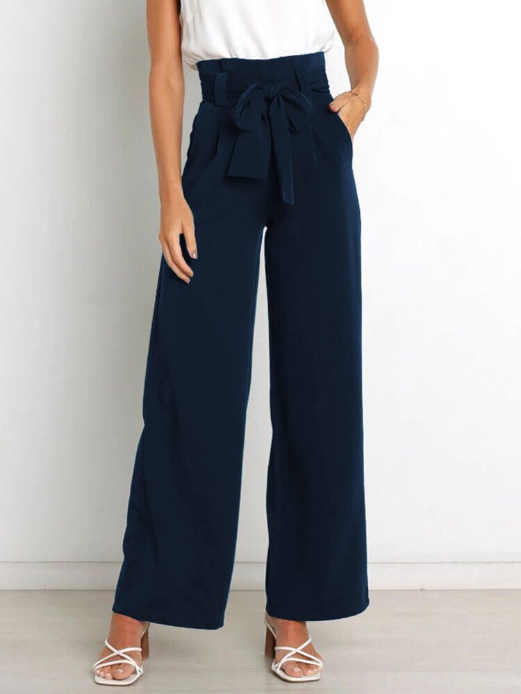 Belt Waist Elastic Wide Leg Black Long Pants - Busy Bee Bazaar