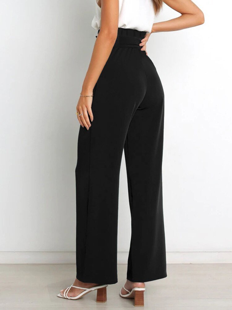 Belt Waist Elastic Wide Leg Black Long Pants - Busy Bee Bazaar