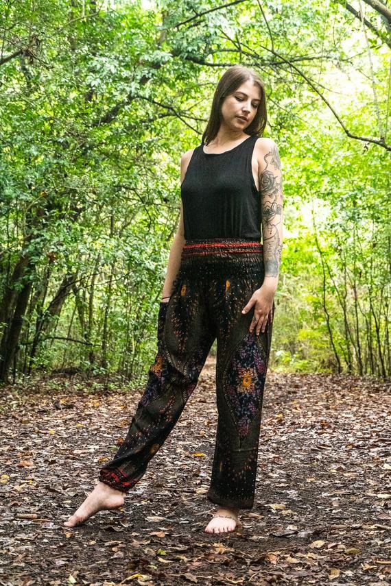 Black PEACOCK Harem Pants Women Boho Pants Hippie Pants - Busy Bee Bazaar