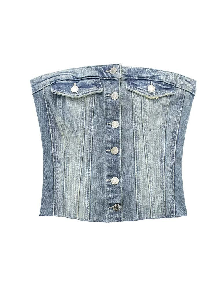 Button-up Denim Corset Crop Top - Busy Bee Bazaar