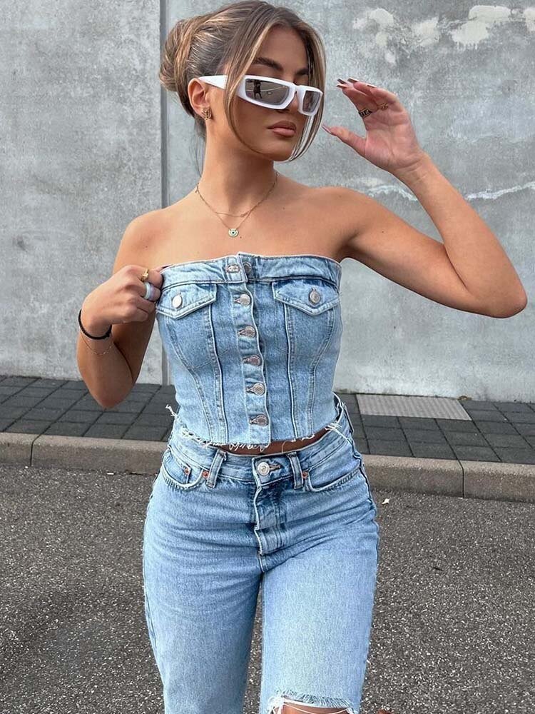 Button-up Denim Corset Crop Top - Busy Bee Bazaar