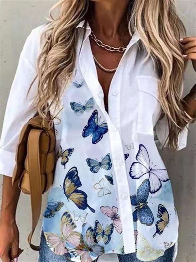 Casual Printed Loose Long Sleeve Turn Down Collar Shirt - Busy Bee Bazaar