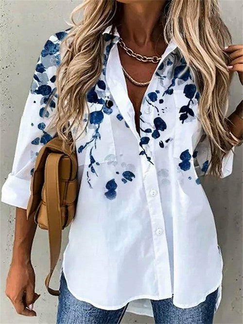 Casual Printed Loose Long Sleeve Turn Down Collar Shirt - Busy Bee Bazaar