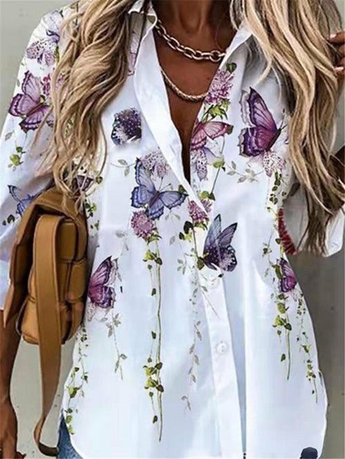 Casual Printed Loose Long Sleeve Turn Down Collar Shirt - Busy Bee Bazaar