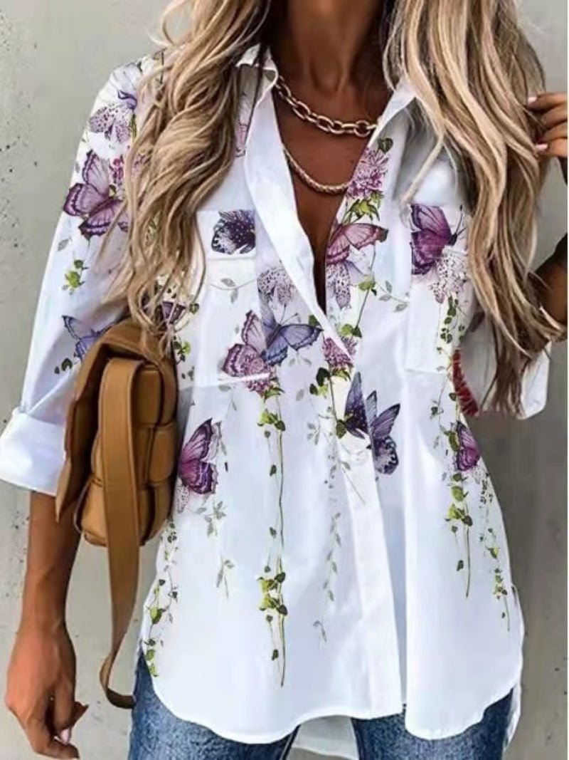 Casual Printed Loose Long Sleeve Turn Down Collar Shirt - Busy Bee Bazaar