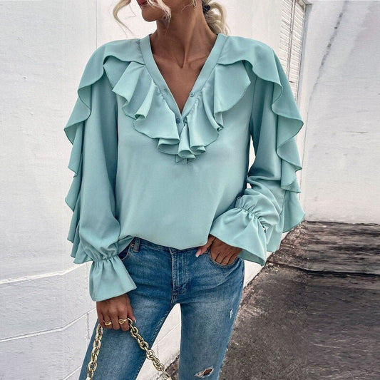 Casual Ruffled V-Neck Full Sleeve Shirt - Busy Bee Bazaar