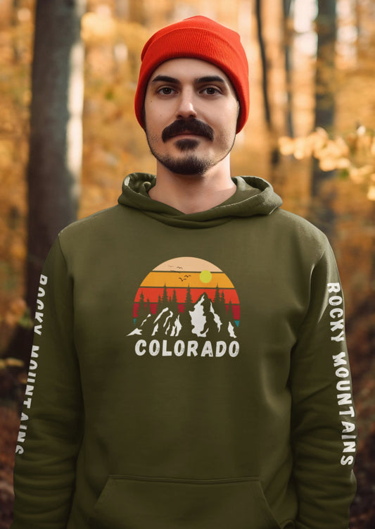 Colorado Rocky Mountains Hoodie, Colorado sunset with mountains and Rocky Mountains printed sleeves - Busy Bee Bazaar