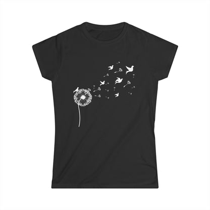 Dandelion with Flying Birds Women's Softstyle Tee | Dandelion Flower Shirt | Birds Shirt | Wild Flower Shirt | Bird Watching Shirt - Busy Bee Bazaar