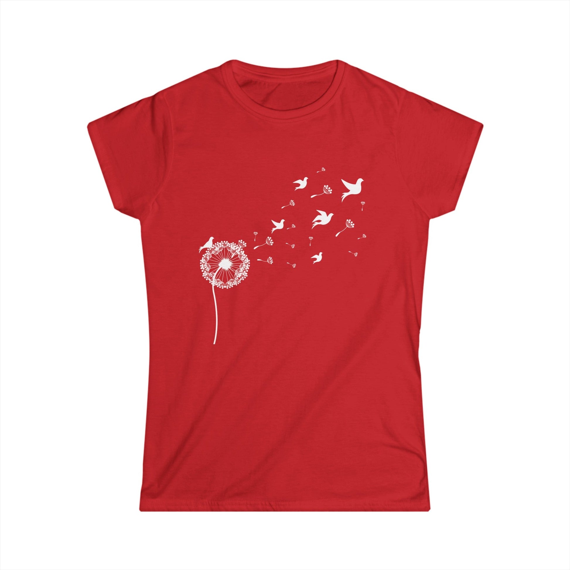 Dandelion with Flying Birds Women's Softstyle Tee | Dandelion Flower Shirt | Birds Shirt | Wild Flower Shirt | Bird Watching Shirt - Busy Bee Bazaar