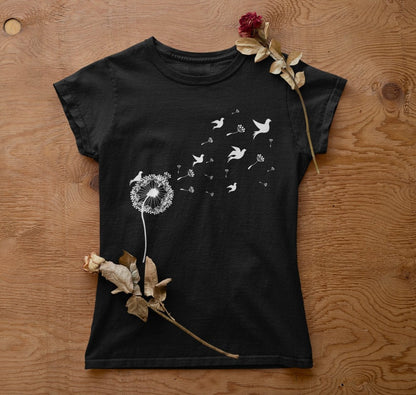 Dandelion with Flying Birds Women's Softstyle Tee | Dandelion Flower Shirt | Birds Shirt | Wild Flower Shirt | Bird Watching Shirt - Busy Bee Bazaar