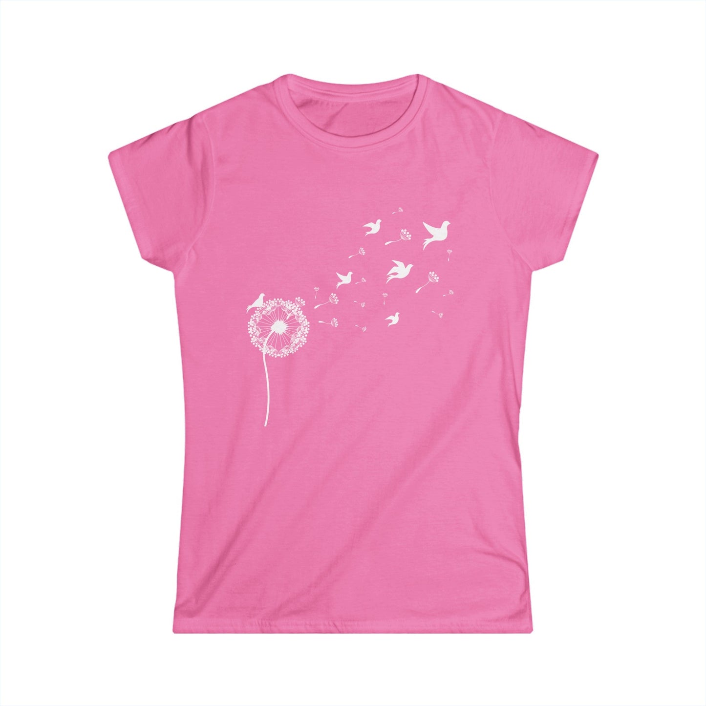 Dandelion with Flying Birds Women's Softstyle Tee | Dandelion Flower Shirt | Birds Shirt | Wild Flower Shirt | Bird Watching Shirt - Busy Bee Bazaar