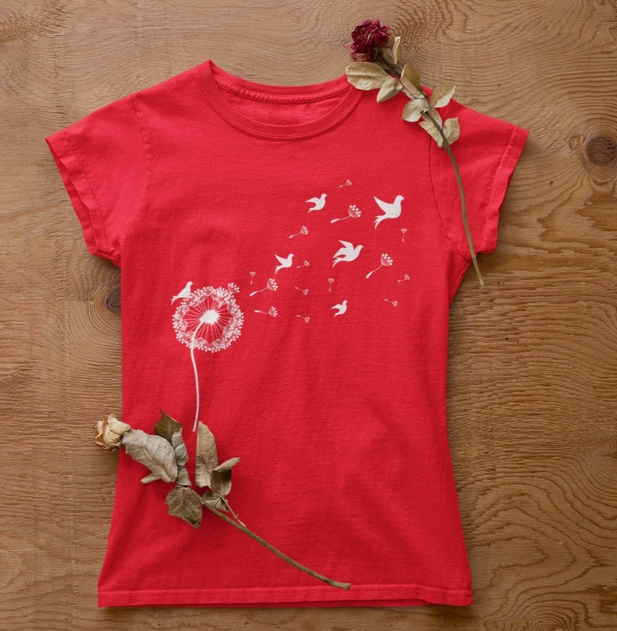 Dandelion with Flying Birds Women's Softstyle Tee | Dandelion Flower Shirt | Birds Shirt | Wild Flower Shirt | Bird Watching Shirt - Busy Bee Bazaar