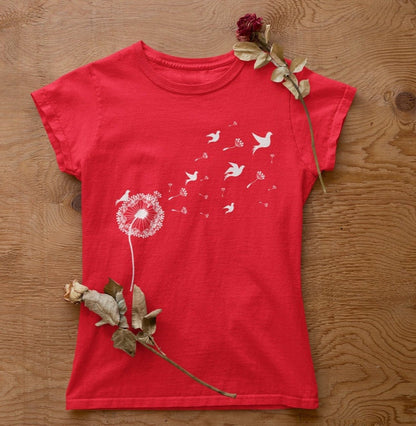 Dandelion with Flying Birds Women's Softstyle Tee | Dandelion Flower Shirt | Birds Shirt | Wild Flower Shirt | Bird Watching Shirt - Busy Bee Bazaar