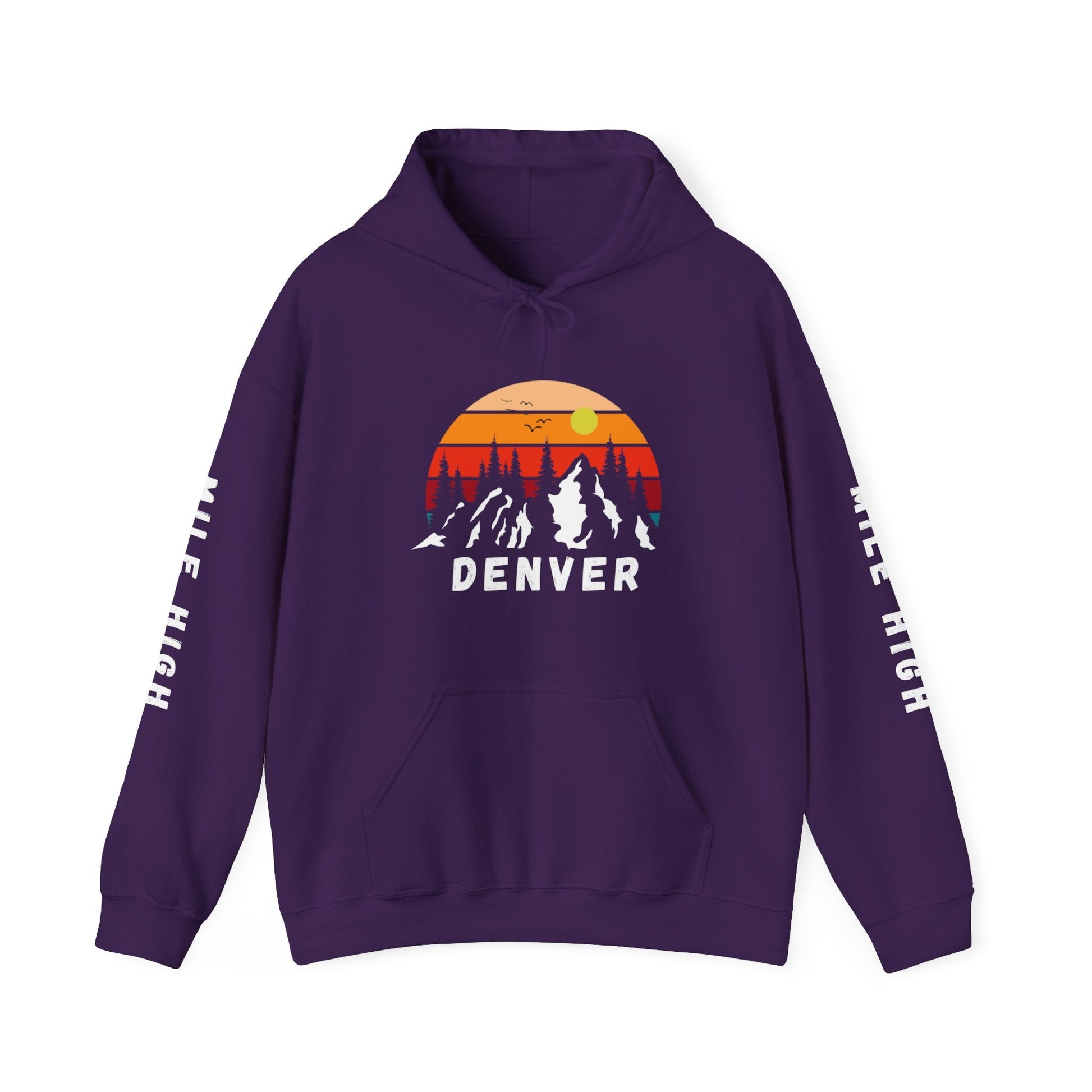 Denver Mile High Hoodie with printed sleeves, Denver sunset with mountains and Mile High on printed sleeves - Busy Bee Bazaar