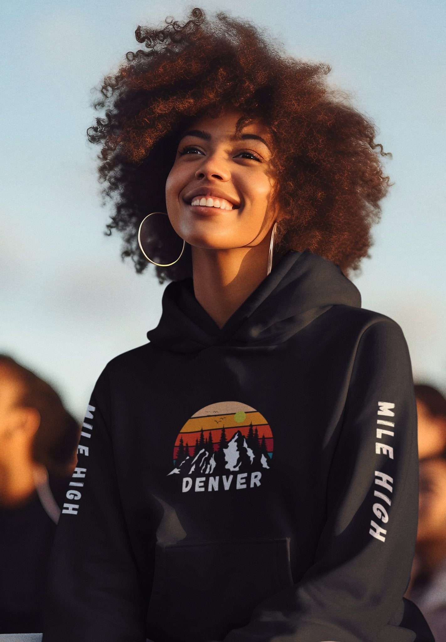 Denver Mile High Hoodie with printed sleeves, Denver sunset with mountains and Mile High on printed sleeves - Busy Bee Bazaar