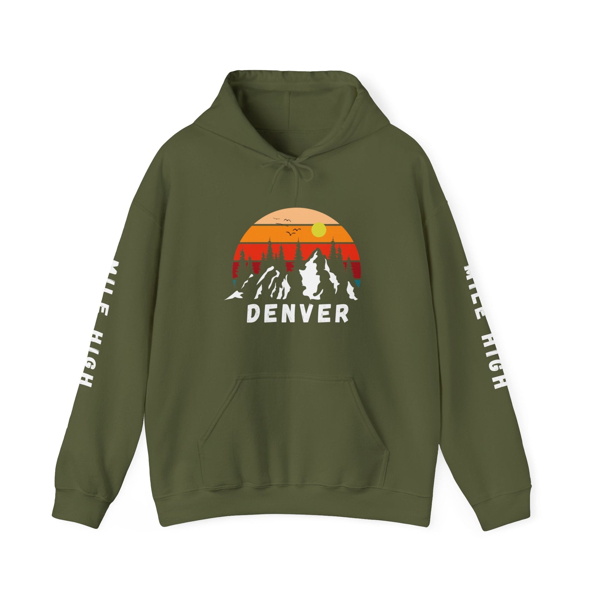 Denver Mile High Hoodie with printed sleeves, Denver sunset with mountains and Mile High on printed sleeves - Busy Bee Bazaar