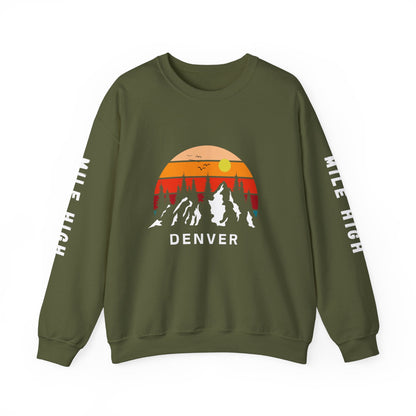 Denver Mile High sweatshirt, Denver sunset with mountains and Mile High on printed sleeves - Busy Bee Bazaar