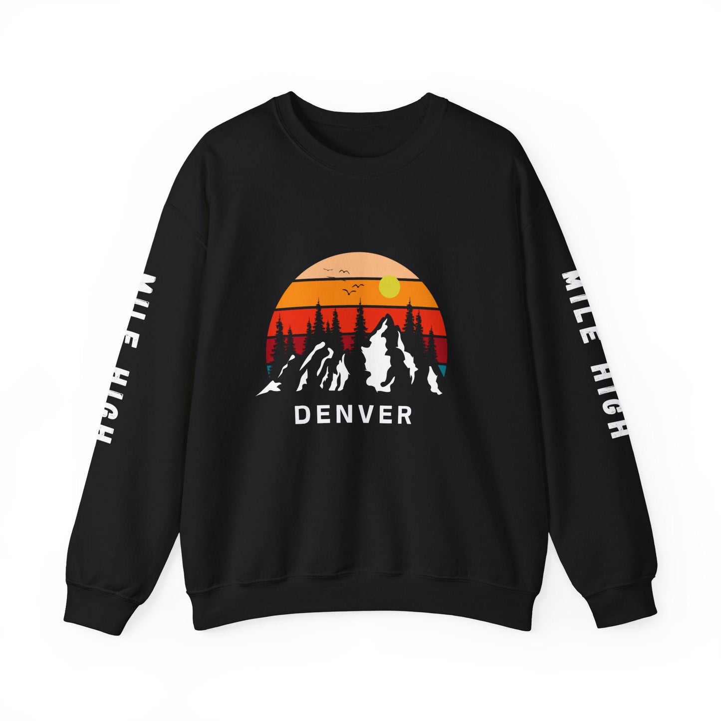 Denver Mile High sweatshirt, Denver sunset with mountains and Mile High on printed sleeves - Busy Bee Bazaar