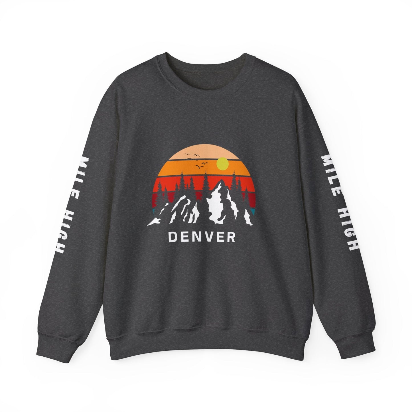 Denver Mile High sweatshirt, Denver sunset with mountains and Mile High on printed sleeves - Busy Bee Bazaar