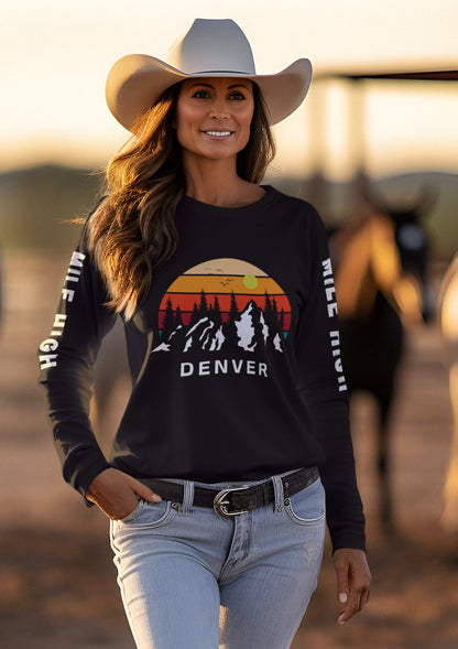 Denver Mile High sweatshirt, Denver sunset with mountains and Mile High on printed sleeves - Busy Bee Bazaar