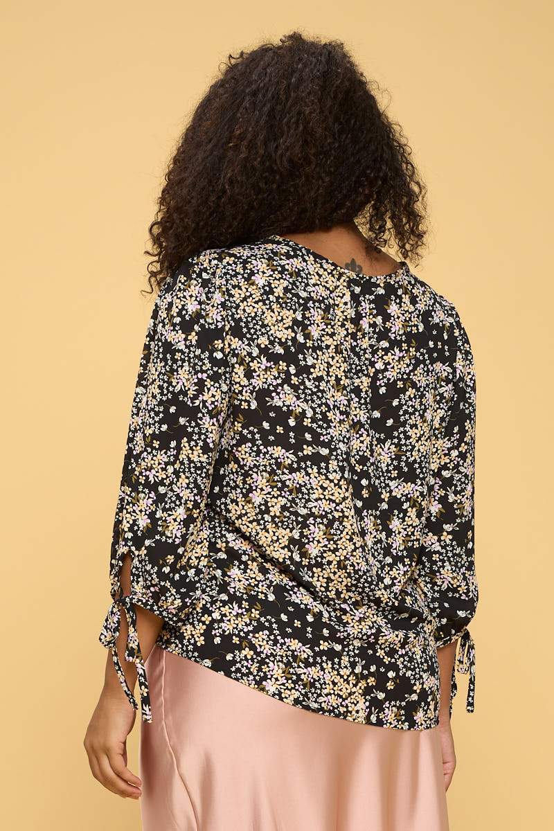 Floral Print Top with Self Tie Sleeves - Busy Bee Bazaar