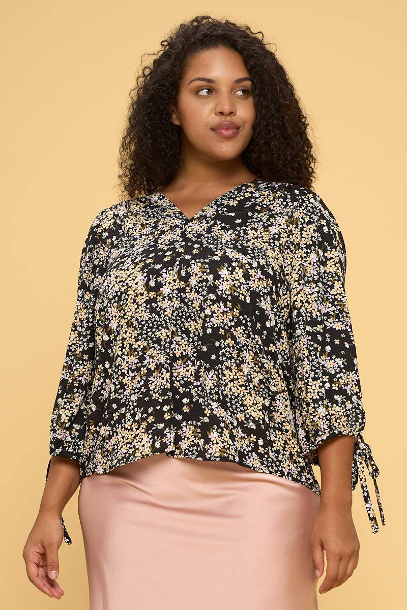 Floral Print Top with Self Tie Sleeves - Busy Bee Bazaar