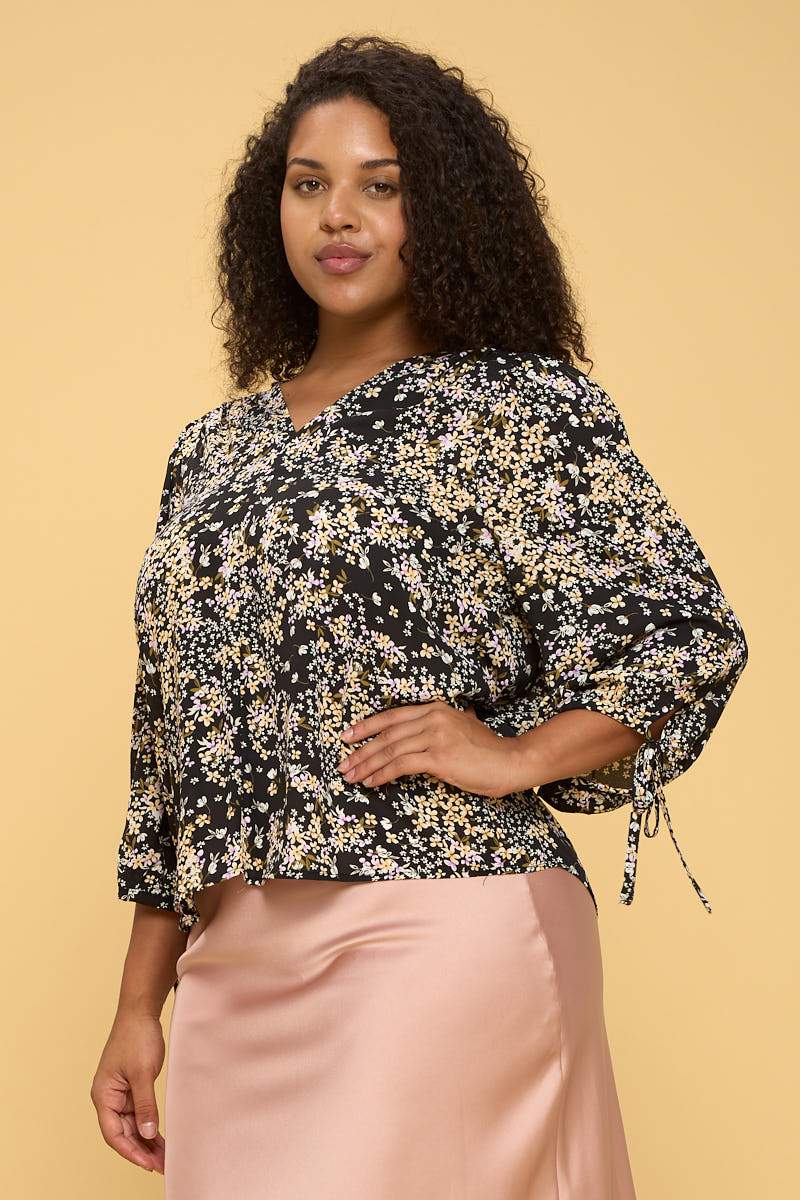 Floral Print Top with Self Tie Sleeves - Busy Bee Bazaar