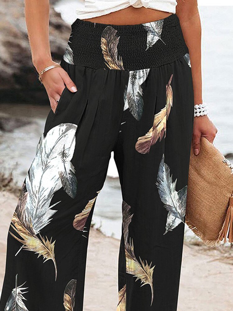 Print Casual High Waist Wide Leg Pants - Busy Bee Bazaar