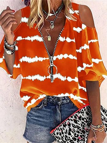 Printed Zipper Blouse Off Shoulder Hollow Out Party Tops - Busy Bee Bazaar