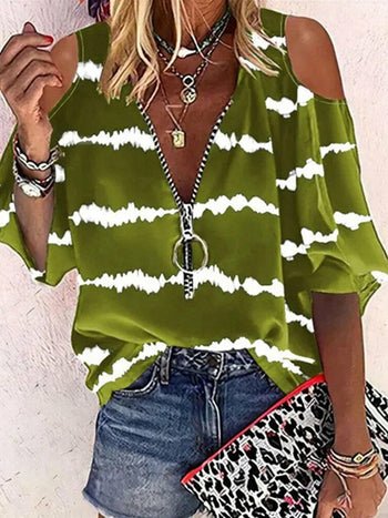 Printed Zipper Blouse Off Shoulder Hollow Out Party Tops - Busy Bee Bazaar