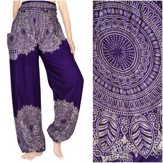 Purple FLORAL Women Boho Pants Hippie Pants Yoga Pants - Busy Bee Bazaar