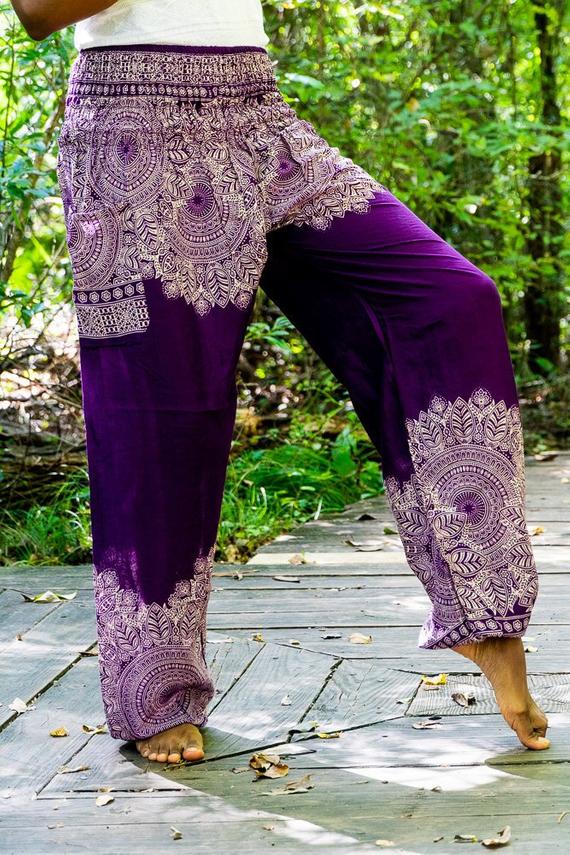 Purple FLORAL Women Boho Pants Hippie Pants Yoga Pants - Busy Bee Bazaar