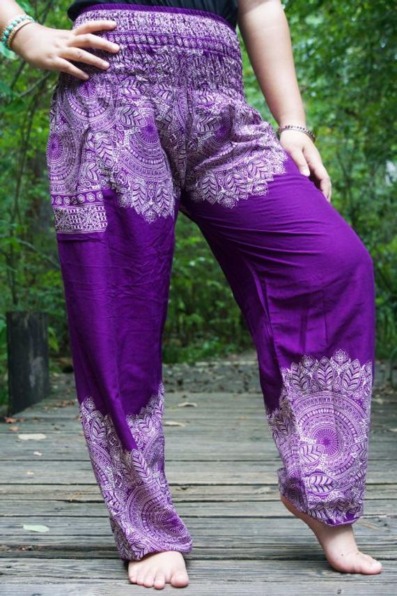 Purple FLORAL Women Boho Pants Hippie Pants Yoga Pants - Busy Bee Bazaar