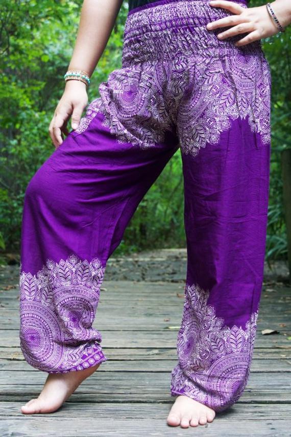 Purple FLORAL Women Boho Pants Hippie Pants Yoga Pants - Busy Bee Bazaar