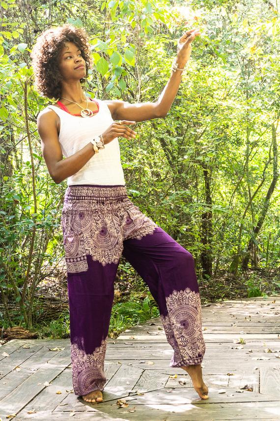 Purple FLORAL Women Boho Pants Hippie Pants Yoga Pants - Busy Bee Bazaar