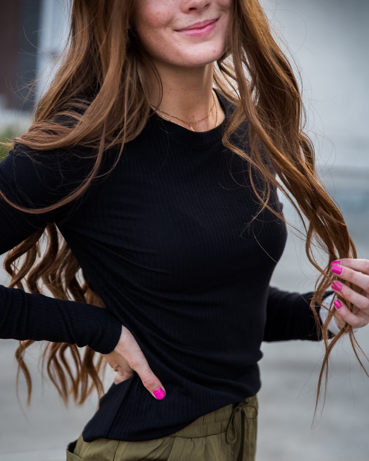 Ribbed Crew Neck Long Sleeve Tee in Black - Busy Bee Bazaar