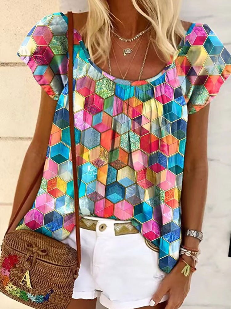 Round Neck Shirt Blouse Colorful Geometric Print - Busy Bee Bazaar