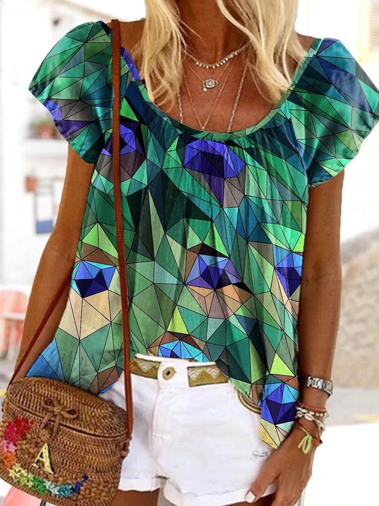 Round Neck Shirt Blouse Colorful Geometric Print - Busy Bee Bazaar