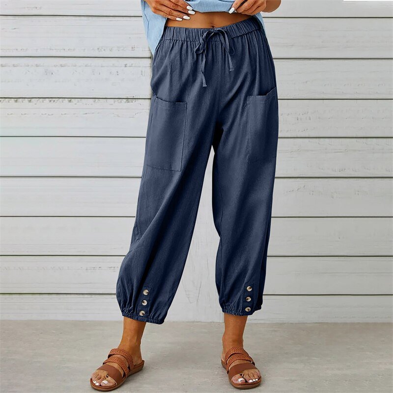 Solid Color Drawstring Elastic Waist Work Trousers - Busy Bee Bazaar