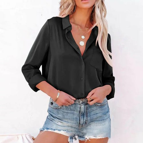 Solid Long Sleeves Lapel Office Satin Blouse - Busy Bee Bazaar