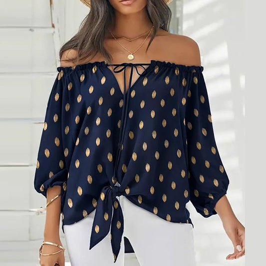 Summer Lace-up Slash Neck Blouses Printed Long Sleeve Pullover - Busy Bee Bazaar