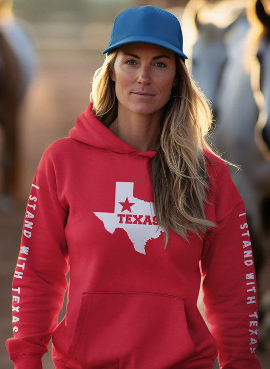 Texas Hoodie with "I Stand With Texas" printed on sleeves, - Busy Bee Bazaar