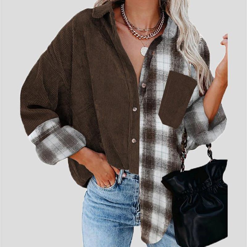 Turn-down Collar Button Blouses Plaid Print Stitching Top - Busy Bee Bazaar