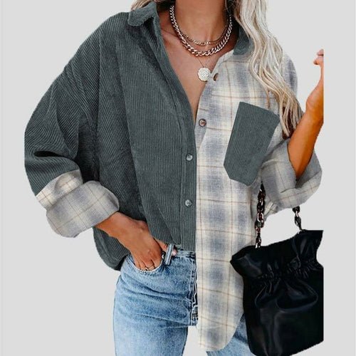 Turn-down Collar Button Blouses Plaid Print Stitching Top - Busy Bee Bazaar