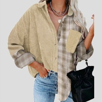 Turn-down Collar Button Blouses Plaid Print Stitching Top - Busy Bee Bazaar