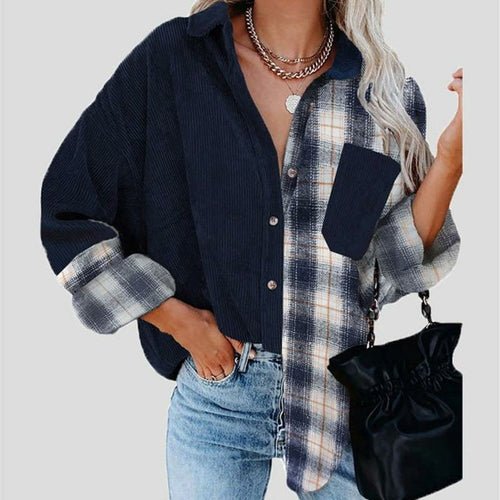 Turn-down Collar Button Blouses Plaid Print Stitching Top - Busy Bee Bazaar